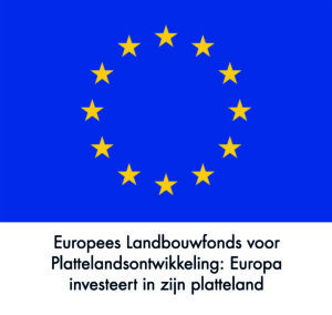 Een blauw logo met gele sterren. Dit is het Europees logo met de tekst:Europees landbouwfonds voor plattelandsontwikkeling. Europa investeert in zijn platteland